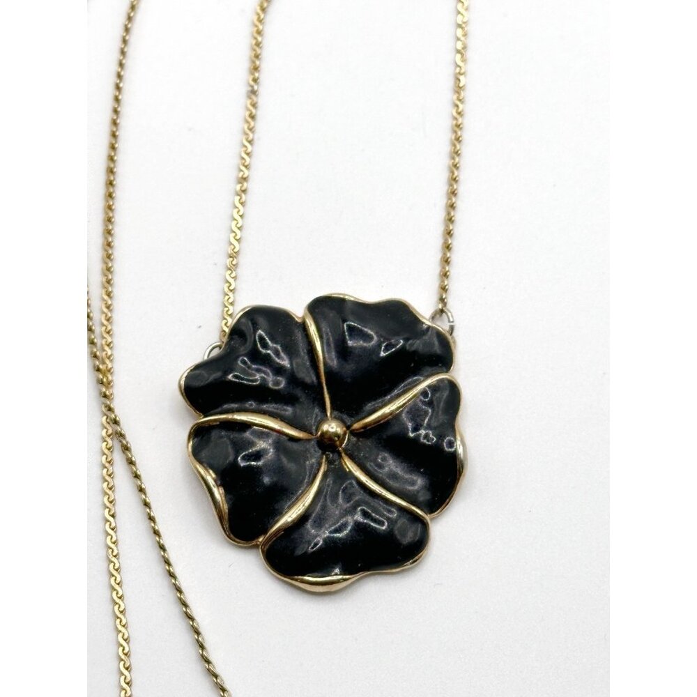 Goldtone‎ Black Enamel Pansy Pendant Necklace